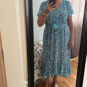 JCrew v-neck dress, flutter-hem midi in aqua paisley size 14
